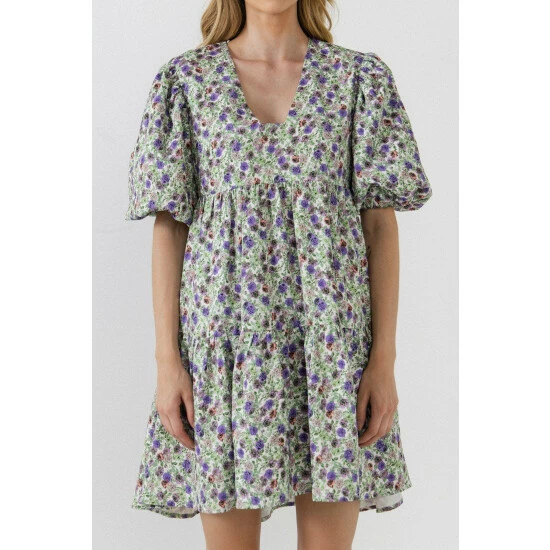 Endless Rose Floral Puff Sleeve Jacquard High Low Dress Dresses White/purple - Image 5