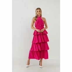 Endless Rose Crossed Halter Neck Tiered Maxi Dress Dresses Fuchsia