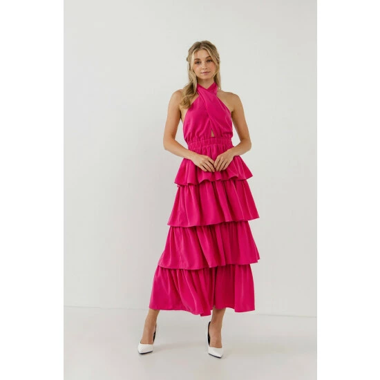 Endless Rose Crossed Halter Neck Tiered Maxi Dress Dresses Fuchsia