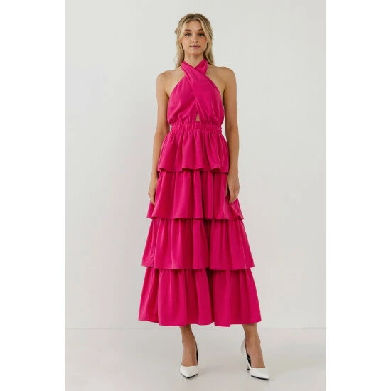 Endless Rose Crossed Halter Neck Tiered Maxi Dress Dresses Fuchsia - Image 2