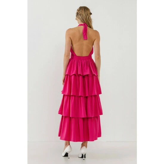 Endless Rose Crossed Halter Neck Tiered Maxi Dress Dresses Fuchsia - Image 3