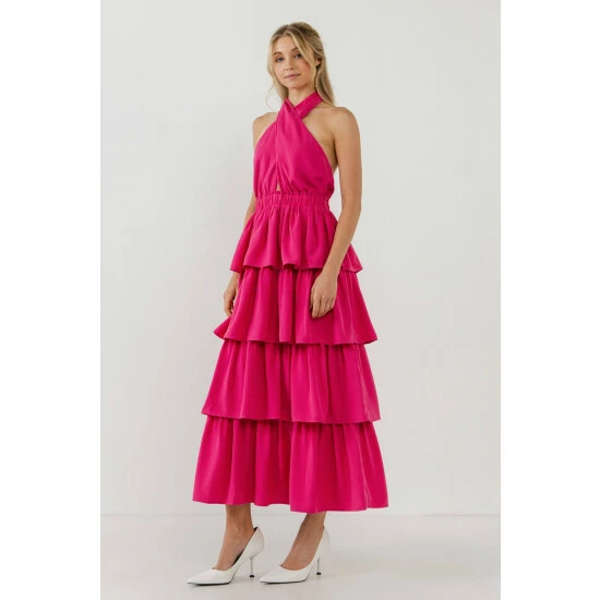 Endless Rose Crossed Halter Neck Tiered Maxi Dress Dresses Fuchsia - Image 4
