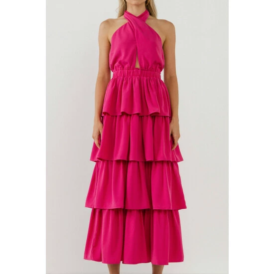 Endless Rose Crossed Halter Neck Tiered Maxi Dress Dresses Fuchsia - Image 5
