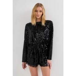 Endless Rose Boat Neck Sequin Romper Jumpsuits & Rompers Black