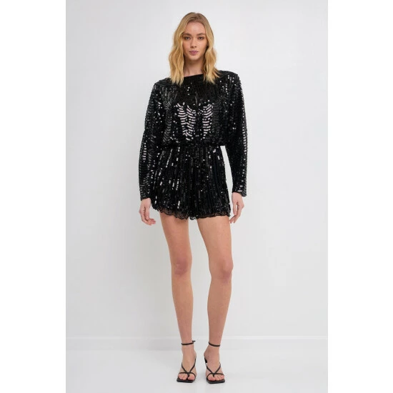 Endless Rose Boat Neck Sequin Romper Jumpsuits & Rompers Black - Image 2