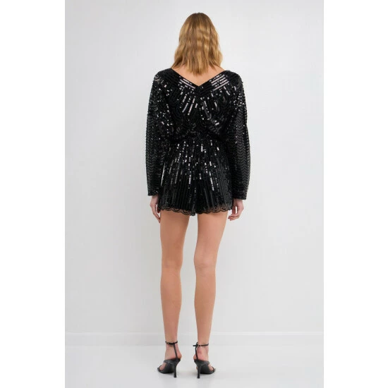 Endless Rose Boat Neck Sequin Romper Jumpsuits & Rompers Black - Image 4