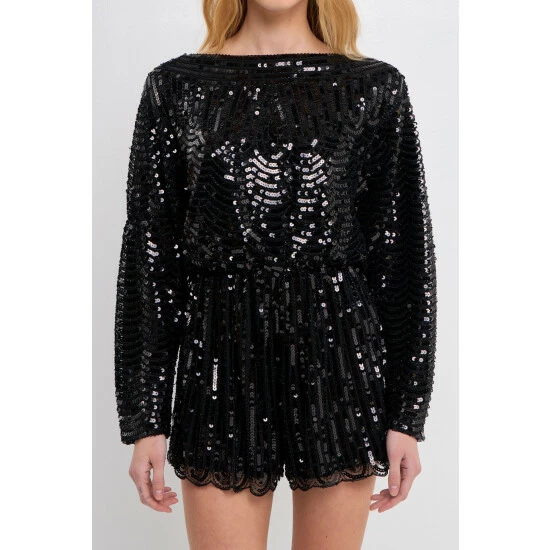 Endless Rose Boat Neck Sequin Romper Jumpsuits & Rompers Black - Image 5