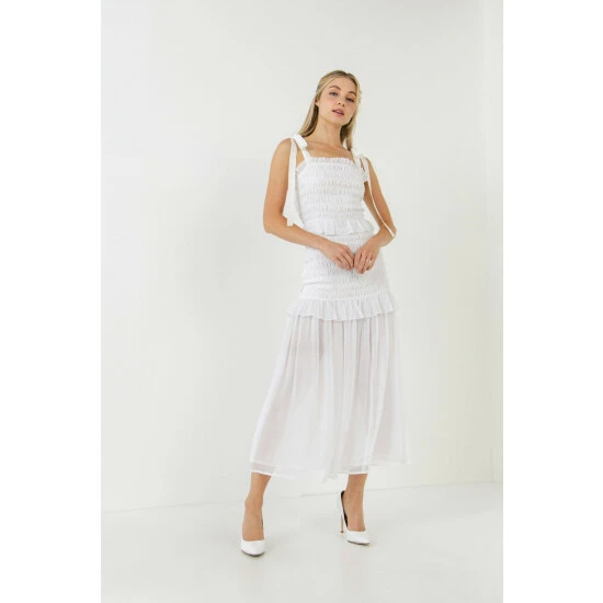 Endless Rose Smocked Drop Waist Combination Maxi Dress Dresses White