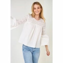Endless Rose Lace With Poplin Bell Sleeve Blouse Tops White