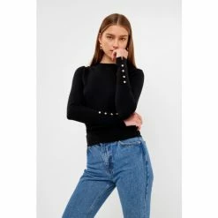 Endless Rose Plush Knit Sweater Top With Sleeve Buttons Sweatshirts & Sweaters Grey