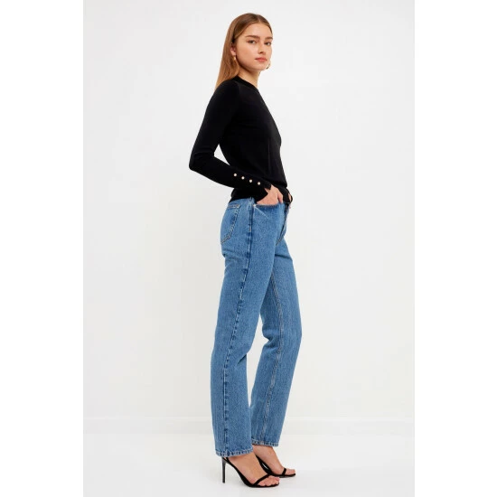 Endless Rose Plush Knit Sweater Top With Sleeve Buttons Sweatshirts & Sweaters Grey - Image 3