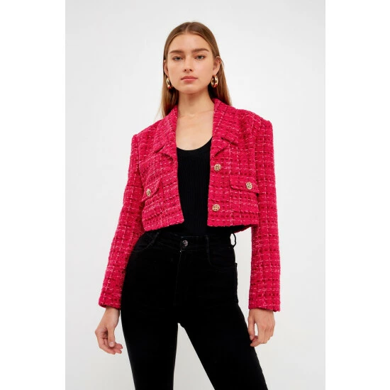 Endless Rose Tonal Tweed Cropped Blazer With Gold Buttoned Pockets Coats, Jackets & Blazers Fuchsia