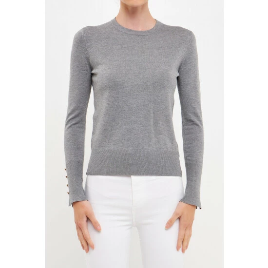 Endless Rose Plush Knit Sweater Top With Sleeve Buttons Sweatshirts & Sweaters Grey - Image 9