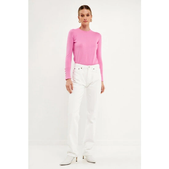 Endless Rose Plush Knit Sweater Top With Sleeve Buttons Sweatshirts & Sweaters Grey - Image 10