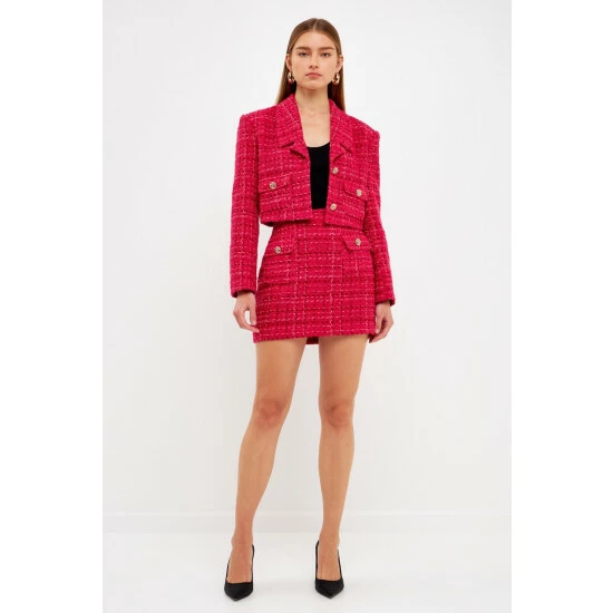 Endless Rose Tonal Tweed Cropped Blazer With Gold Buttoned Pockets Coats, Jackets & Blazers Fuchsia - Image 2