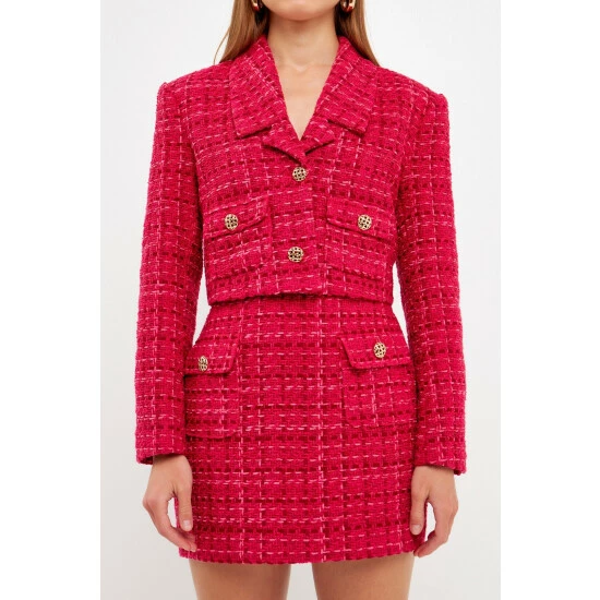 Endless Rose Tonal Tweed Cropped Blazer With Gold Buttoned Pockets Coats, Jackets & Blazers Fuchsia - Image 4