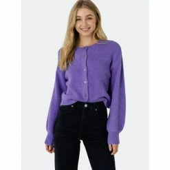 Endless Rose Puff Sleeve Knit Cardigan Sweatshirts & Sweaters Purple