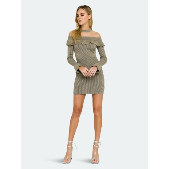 Endless Rose Off-The-Shoulder Knit Dress Dresses Heather Grey/gold - Image 2