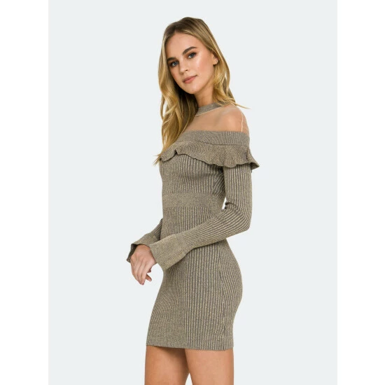 Endless Rose Off-The-Shoulder Knit Dress Dresses Heather Grey/gold - Image 3