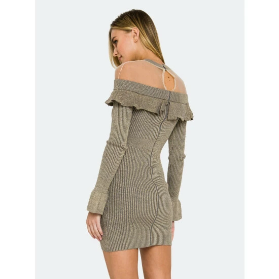 Endless Rose Off-The-Shoulder Knit Dress Dresses Heather Grey/gold - Image 4