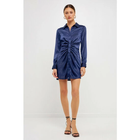 Endless Rose Satin Front Cinched Mini Dress Dresses Navy
