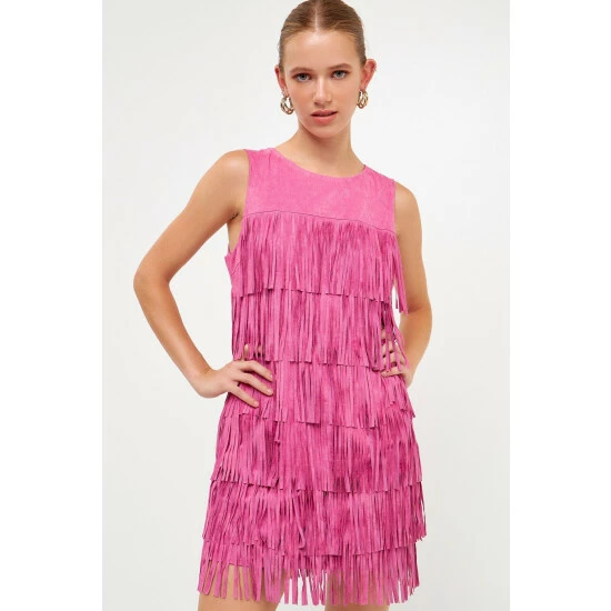 Endless Rose Suede Fringe Sleeveless Mini Dress Dresses Pink