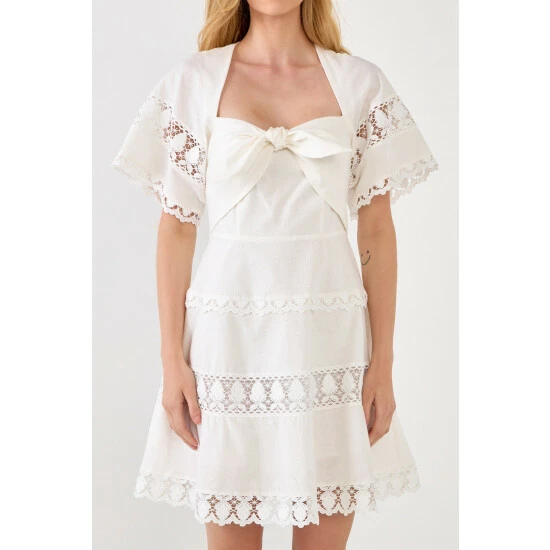 Endless Rose Lace Trim Mini Dress With Front Bow Dresses White