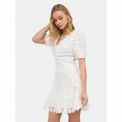 Endless Rose Plunging Lace Trim Dress With Puff Sleeve Dresses Black