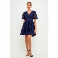 Endless Rose Crochet Lace Puff Sleeve Mini Dress Dresses Navy