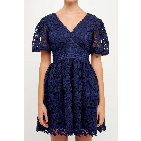 Endless Rose Crochet Lace Puff Sleeve Mini Dress Dresses Navy - Image 2