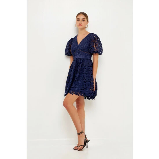 Endless Rose Crochet Lace Puff Sleeve Mini Dress Dresses Navy - Image 3