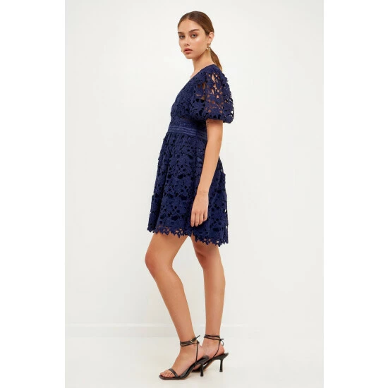 Endless Rose Crochet Lace Puff Sleeve Mini Dress Dresses Navy - Image 4