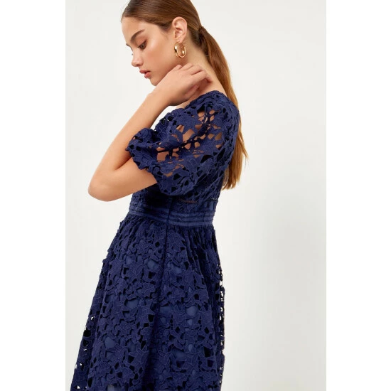 Endless Rose Crochet Lace Puff Sleeve Mini Dress Dresses Navy - Image 5