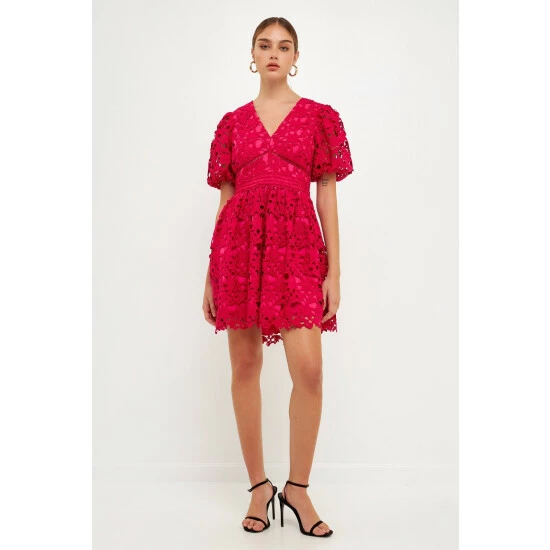 Endless Rose Crochet Lace Puff Sleeve Mini Dress Dresses Navy - Image 8