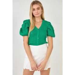 Endless Rose Floral Puff Short Sleeve Cardigan Sweatshirts & Sweaters Pink