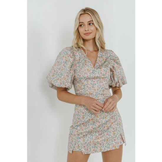 Endless Rose Floral Puff Sleeve Cropped Top Tops Blue Multi