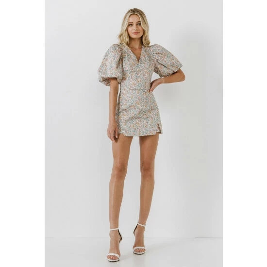 Endless Rose Floral Puff Sleeve Cropped Top Tops Blue Multi - Image 2