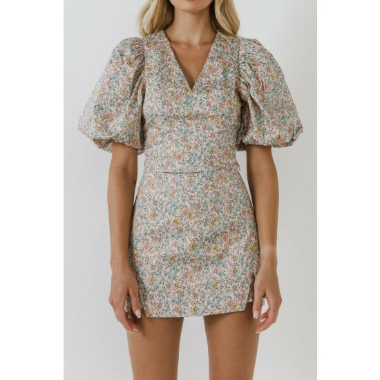 Endless Rose Floral Puff Sleeve Cropped Top Tops Blue Multi - Image 5