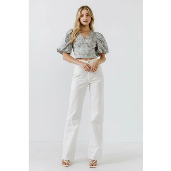 Endless Rose Floral Puff Sleeve Cropped Top Tops Blue Multi - Image 6