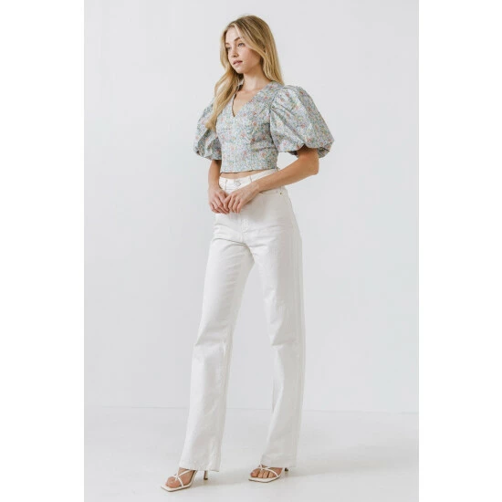 Endless Rose Floral Puff Sleeve Cropped Top Tops Blue Multi - Image 7