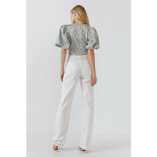 Endless Rose Floral Puff Sleeve Cropped Top Tops Blue Multi - Image 8