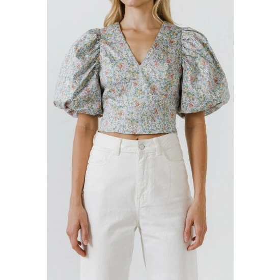 Endless Rose Floral Puff Sleeve Cropped Top Tops Blue Multi - Image 9