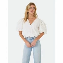 Endless Rose Blouson Sleeve Corset Waist Top Tops White