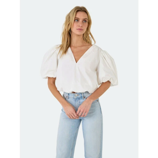 Endless Rose Blouson Sleeve Corset Waist Top Tops White