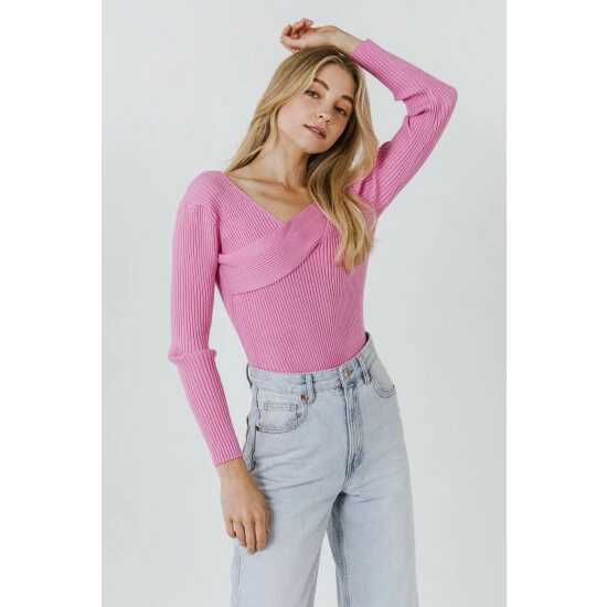 Endless Rose Cross Wrap Fine Knit Sweater Sweatshirts & Sweaters Pink