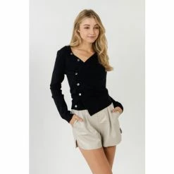 Endless Rose Knit Cardigan With Cross Over Buttons Sweatshirts & Sweaters Black