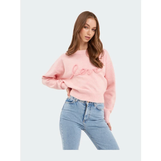 Endless Rose Love Chenille Embroidered Plush Sweater Sweatshirts & Sweaters Light Pink