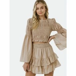 Endless Rose Smocked Top With Bell Sleeves Tops Beige