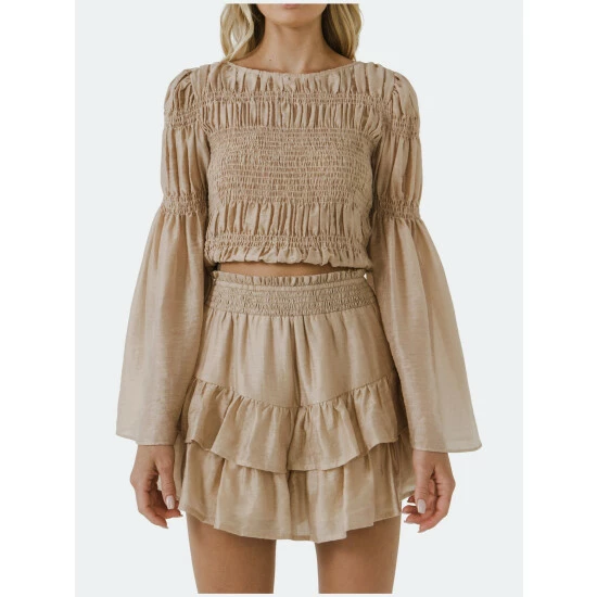 Endless Rose Smocked Top With Bell Sleeves Tops Beige - Image 6