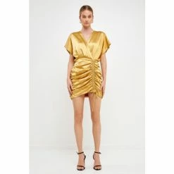 Endless Rose Satin Wrapped & Shirred Mini Dress Dresses Gold